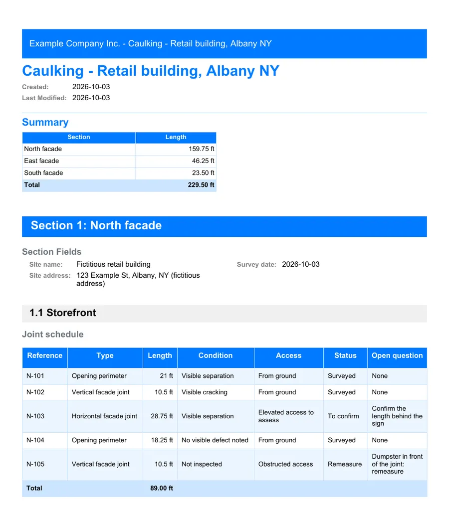 Caulking: first page of the PDF report exported from MesuPro
