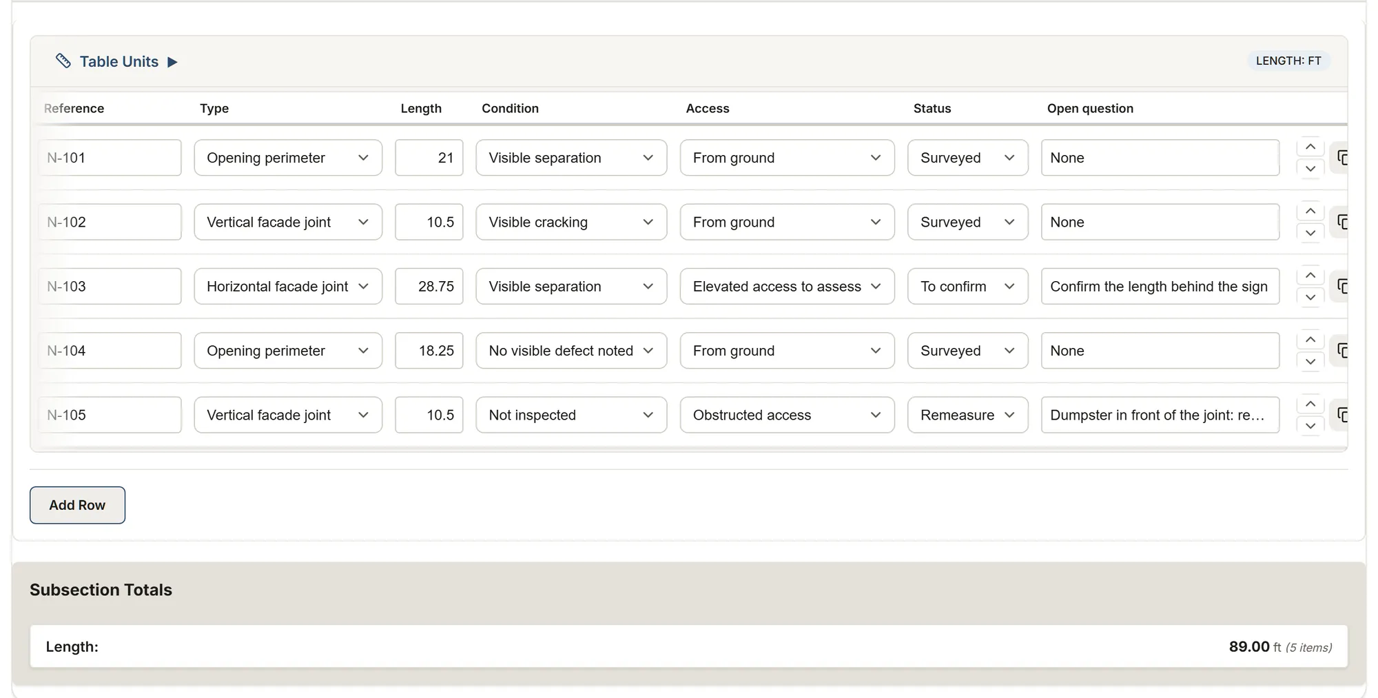 Caulking: a MesuPro sheet with calculated values and totals