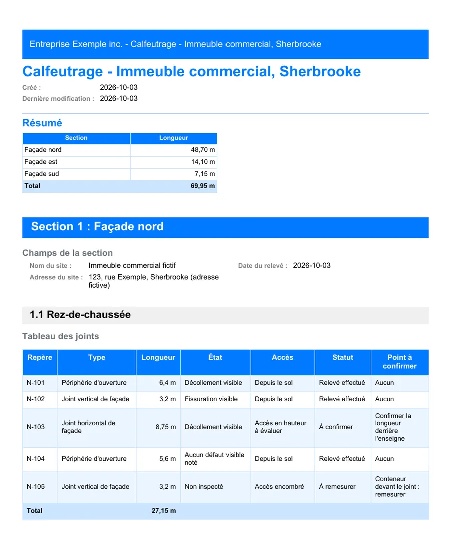 Calfeutrage : première page du rapport PDF exporté depuis MesuPro