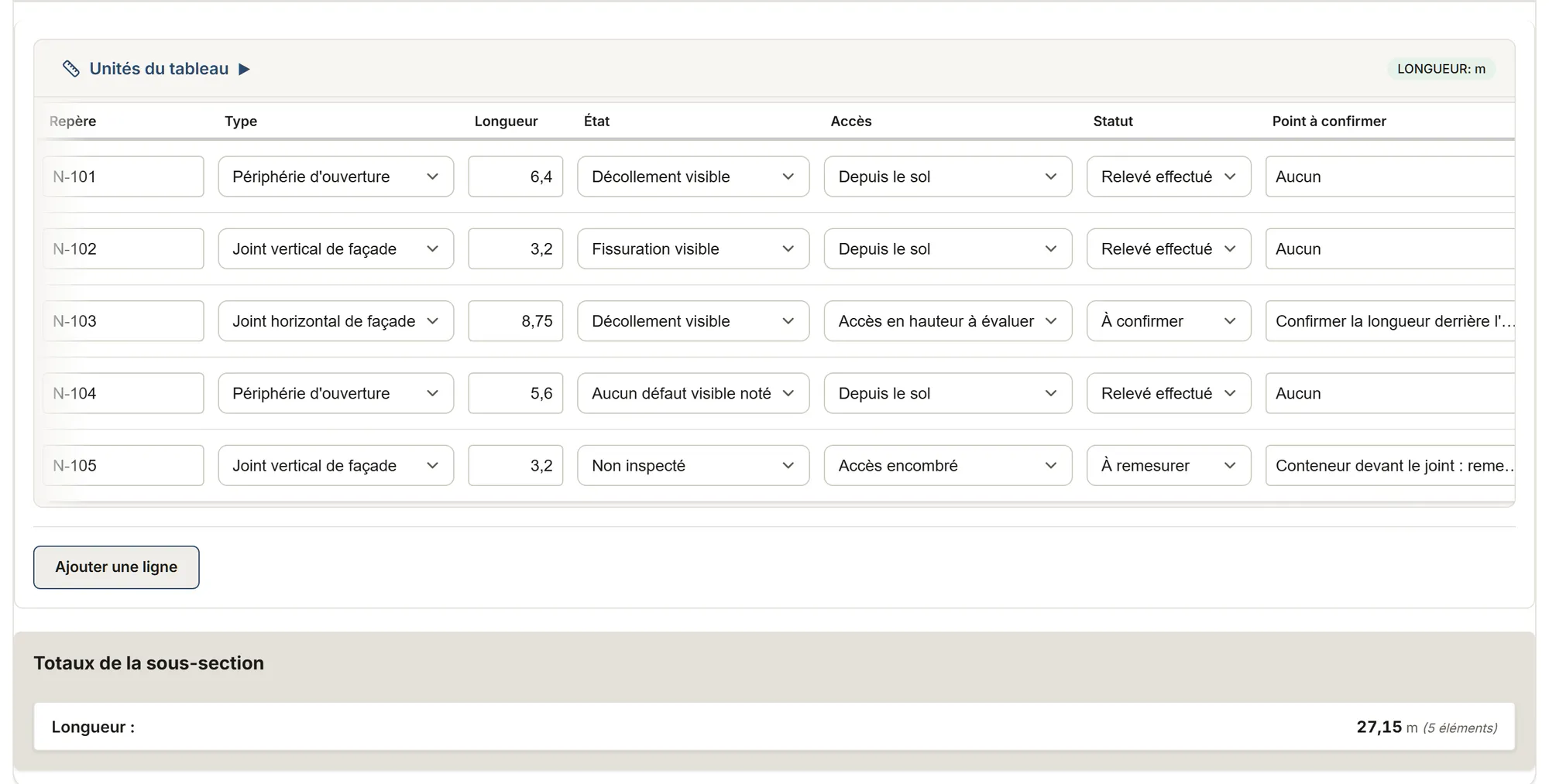 Calfeutrage : tableau de relevé dans MesuPro, avec les valeurs calculées et les totaux