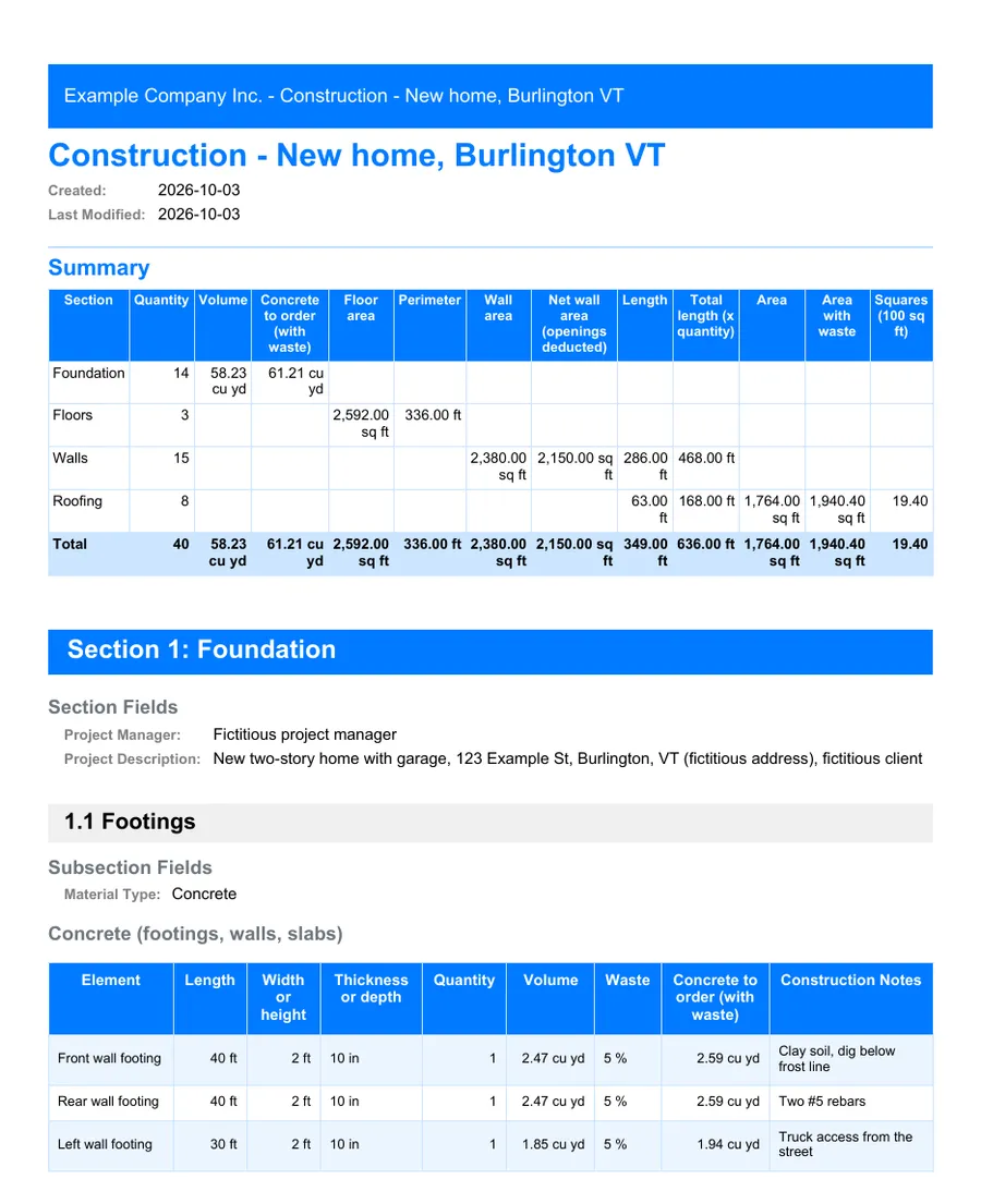 Construction: first page of the PDF report exported from MesuPro