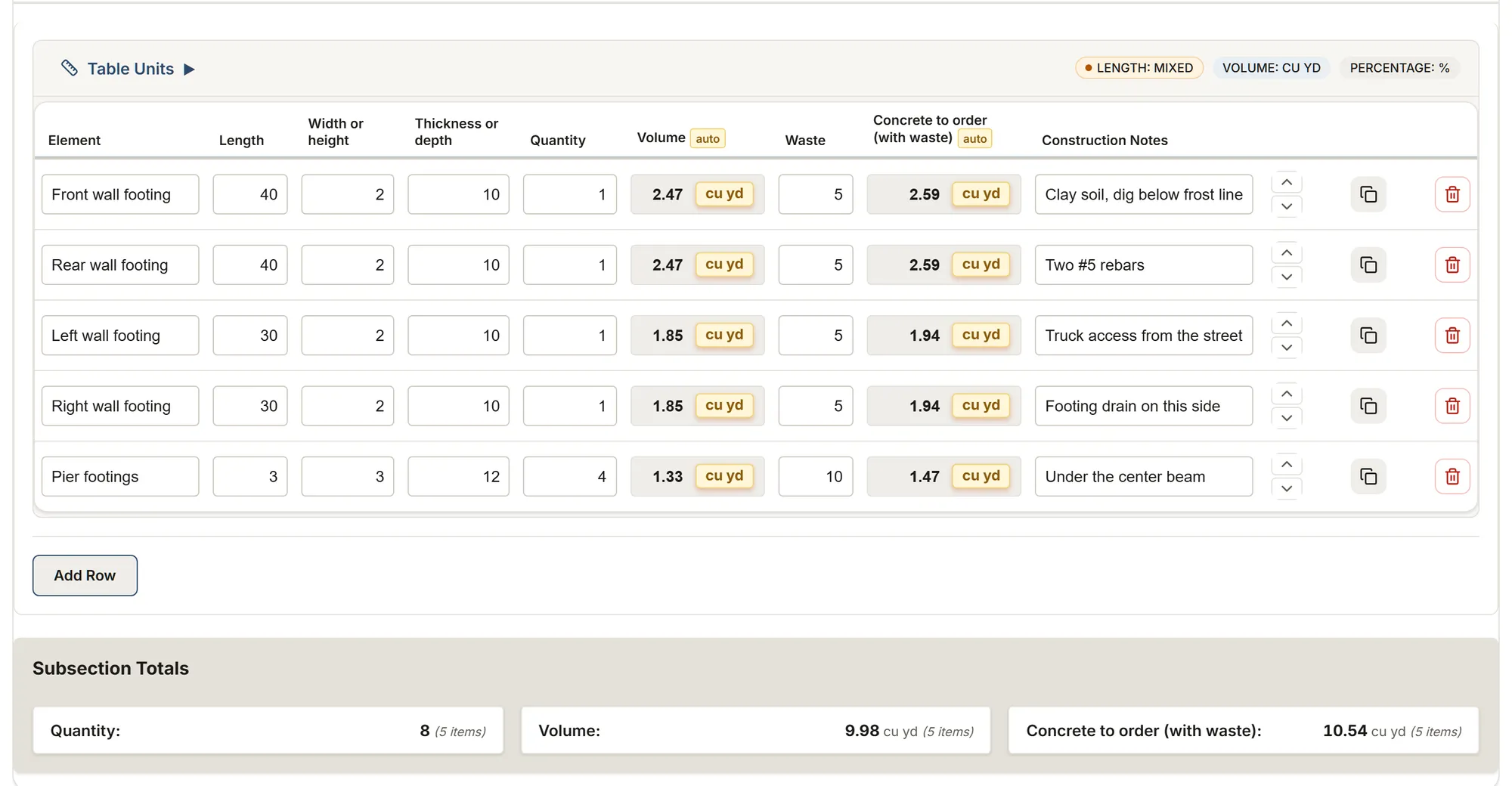 Construction: a MesuPro sheet with calculated values and totals