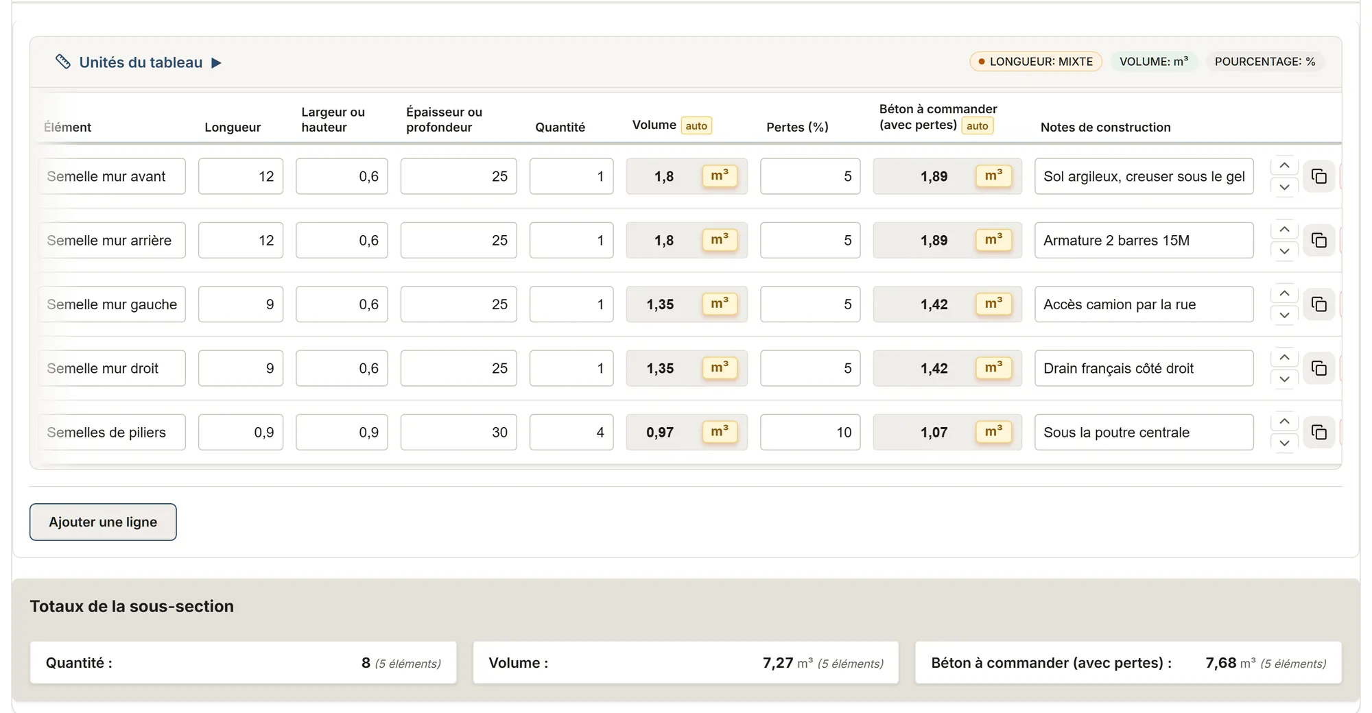 Construction : tableau de relevé dans MesuPro, avec les valeurs calculées et les totaux