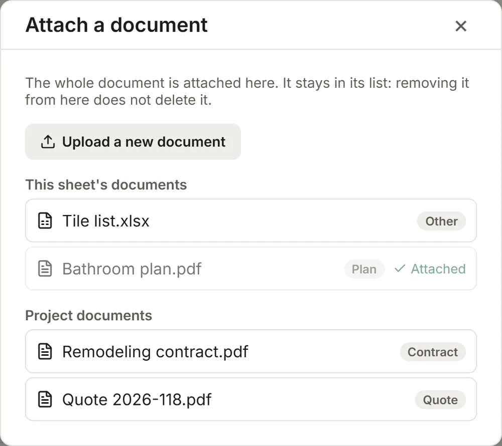 The MesuPro Attach a document window: the sheet's documents, then the project's, the plan already attached to the section