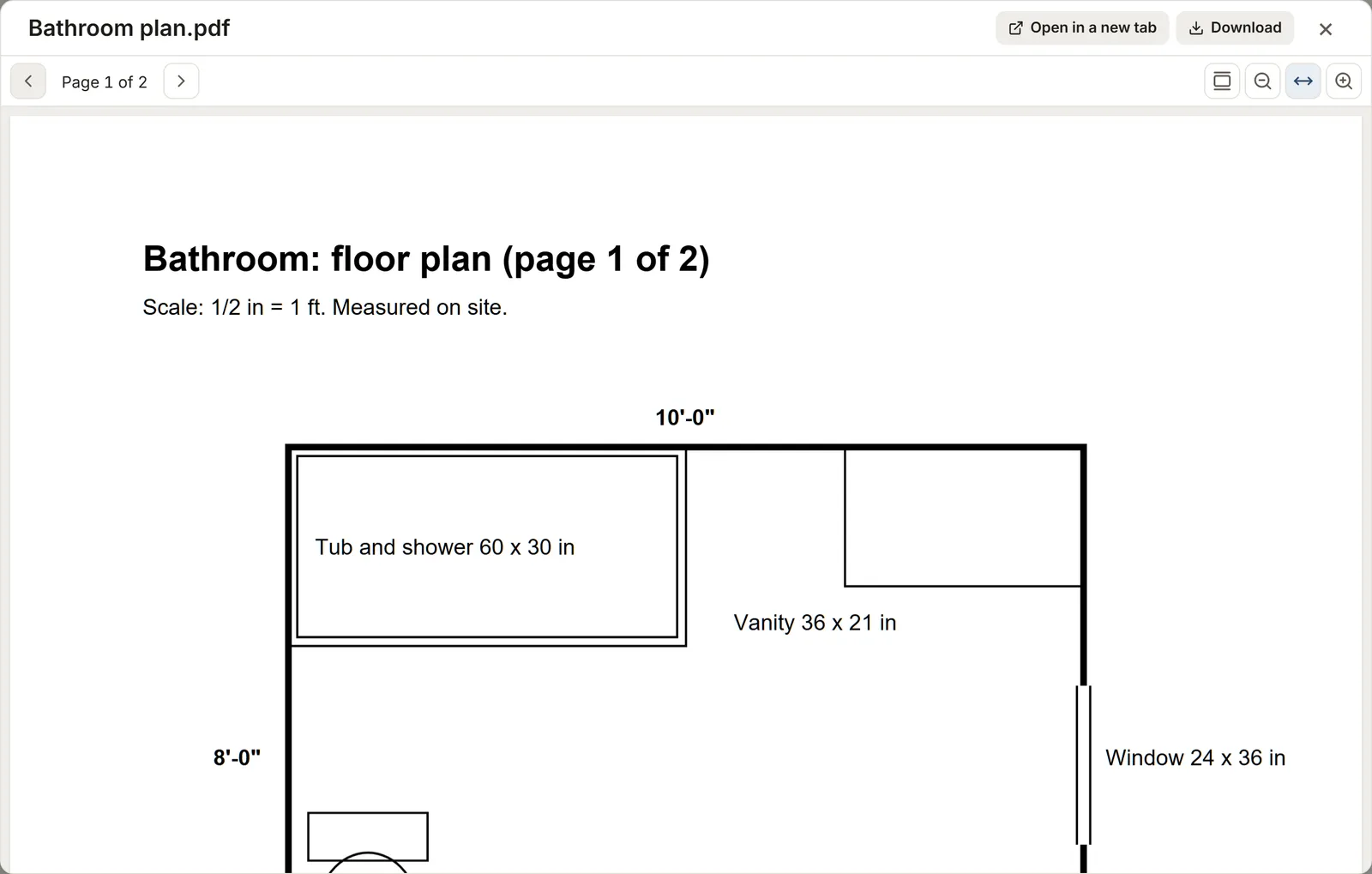 The bathroom plan PDF open in the MesuPro viewer, page 1 of 2