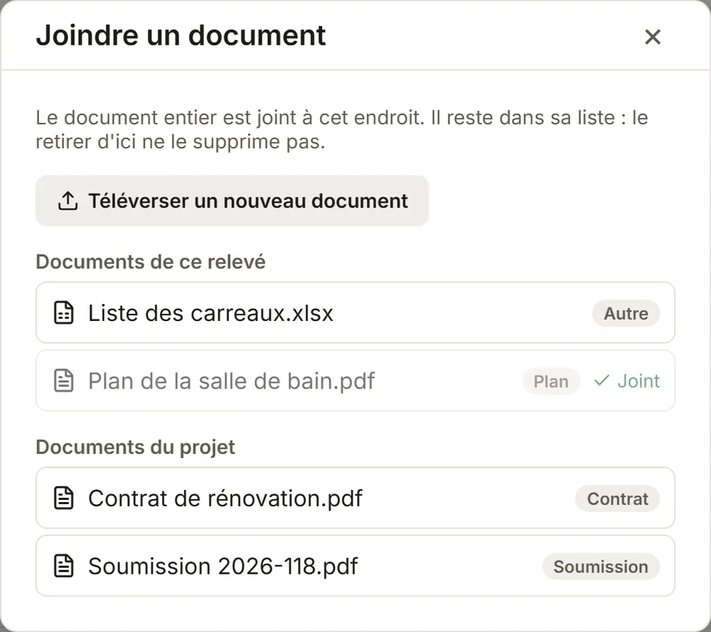 La fenêtre Joindre un document de MesuPro : les documents du relevé, puis ceux du projet, le plan déjà joint à la section