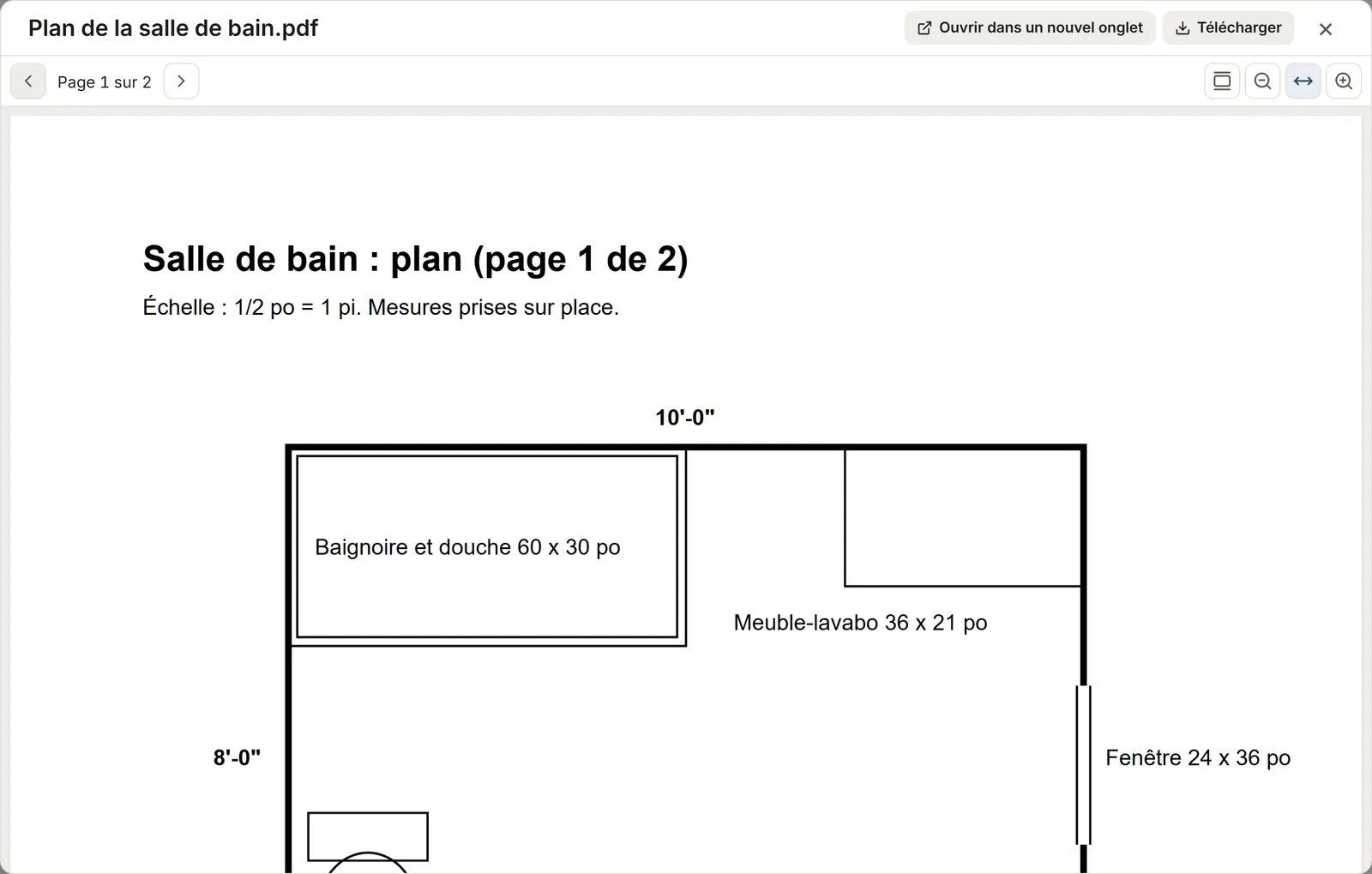Le plan PDF de la salle de bain ouvert dans la visionneuse de MesuPro, page 1 sur 2
