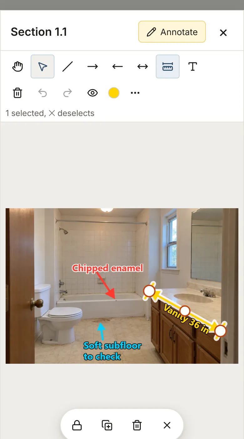 The marked-up photo on a phone: the dimension selected, its handles and the floating bar