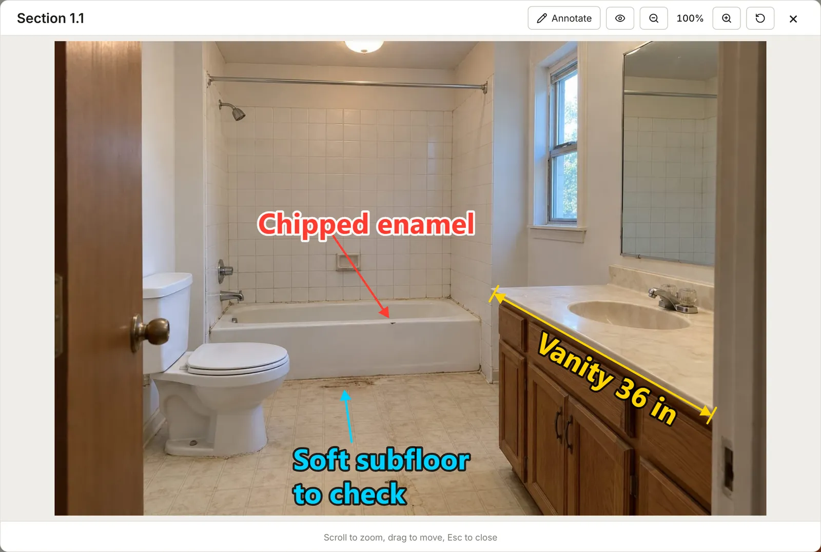 A bathroom photo marked up in MesuPro: a dimension on the vanity (36 in), an arrow to the tub's chipped enamel, another to the subfloor to check