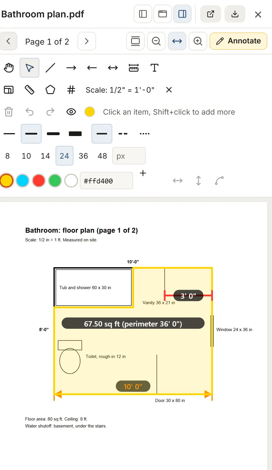 The bathroom plan in MesuPro with the tools open: the 1/2" = 1'-0" scale, the vanity measured and the floor to tile, 67.50 sq ft (perimeter 36' 0")