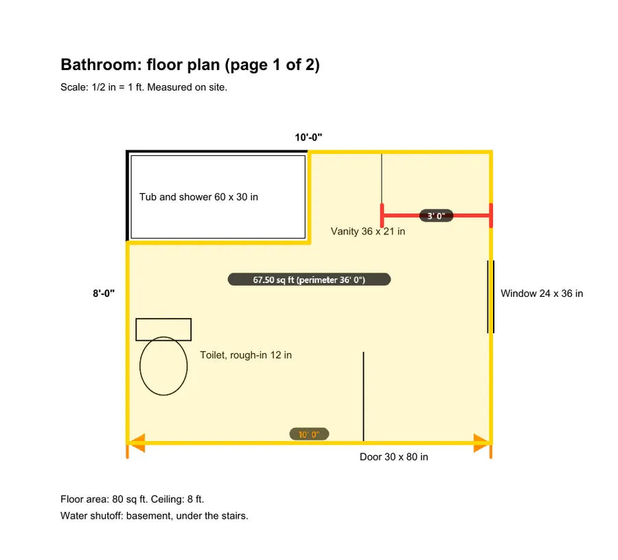 The plan joined to the PDF report as an appendix: its scale, the vanity's measurement and the floor area, at the plan's text size