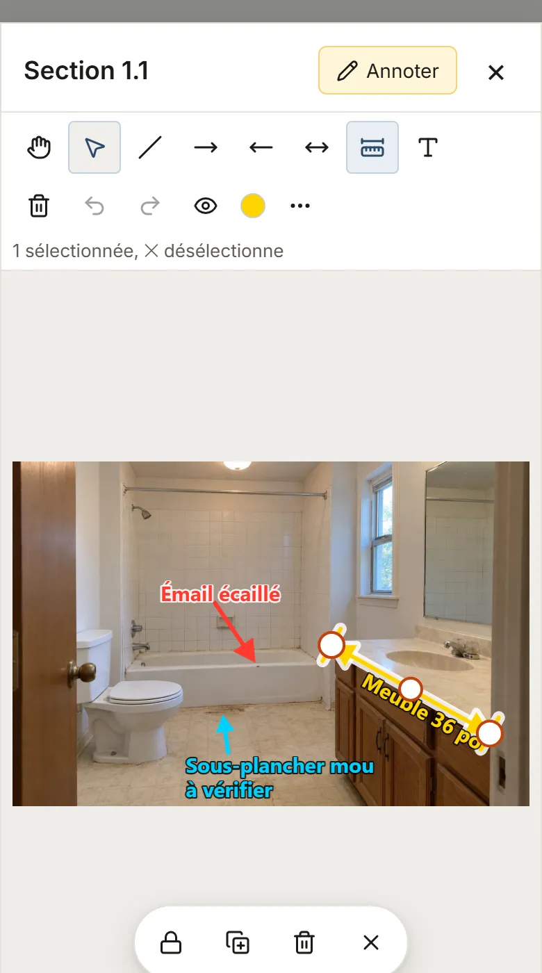 La photo annotée sur un téléphone : la cote sélectionnée, ses poignées et la barre flottante