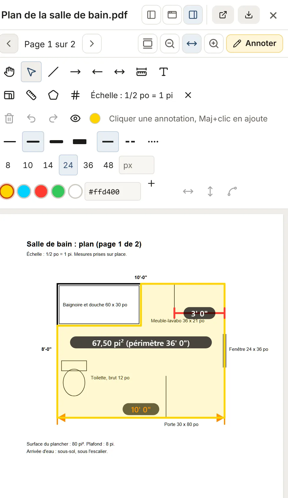 Le plan de la salle de bain dans MesuPro, les outils ouverts : l'échelle 1/2 po = 1 pi, le meuble-lavabo mesuré et la surface du plancher à carreler, 67,50 pi² (périmètre 36' 0")