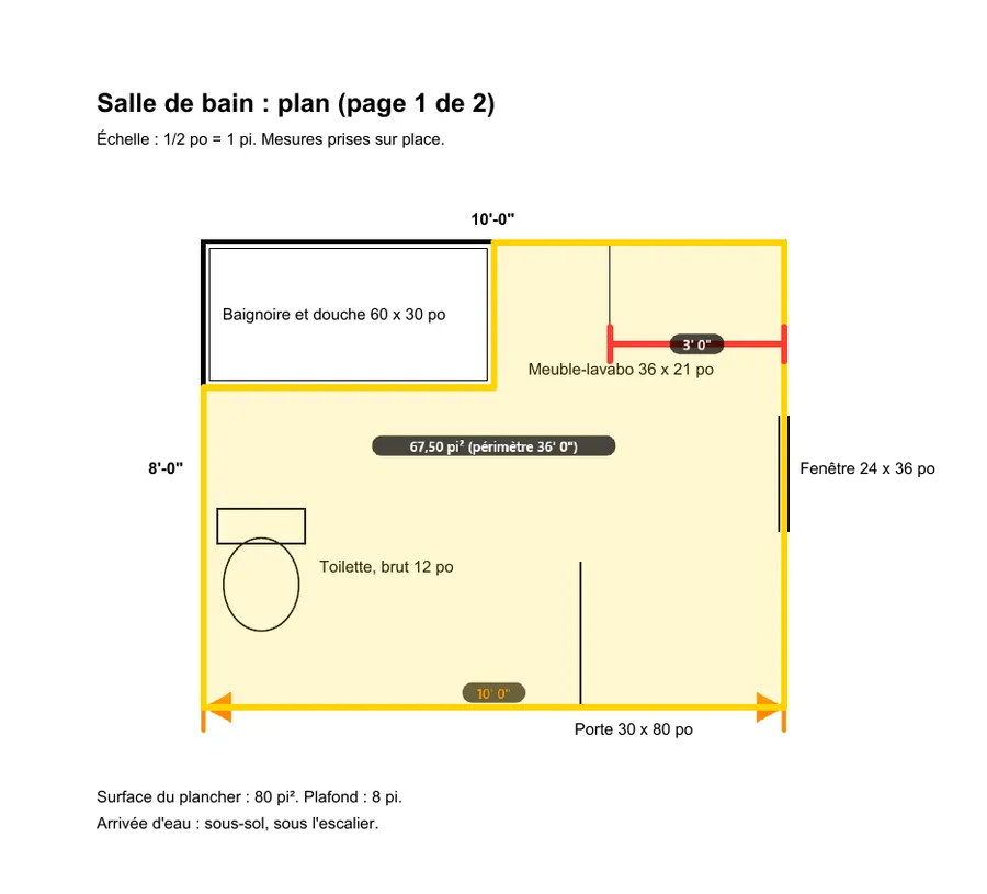 Le plan joint en annexe du rapport PDF : son échelle, la mesure du meuble-lavabo et la surface du plancher, à la taille du texte du plan
