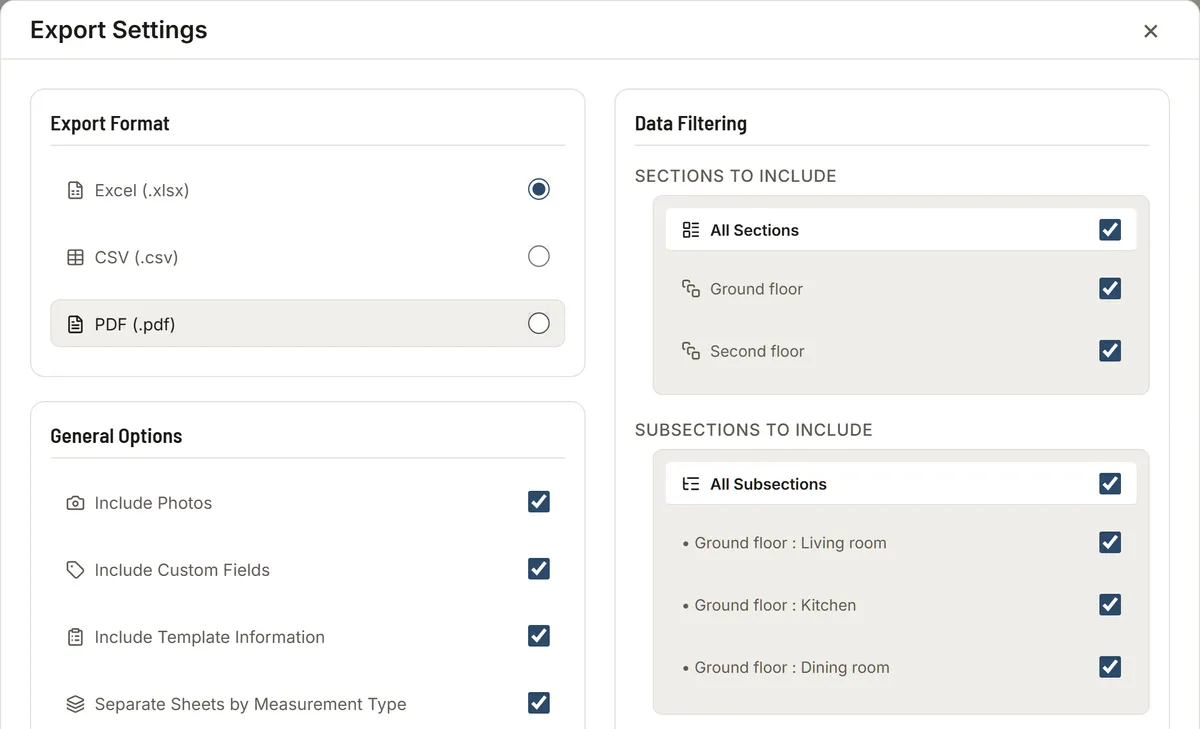 The MesuPro export settings window: Excel, CSV or PDF and the options