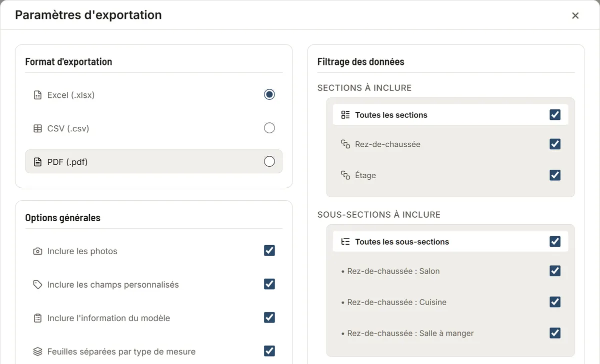 La fenêtre des paramètres d'exportation de MesuPro : Excel, CSV ou PDF et les options