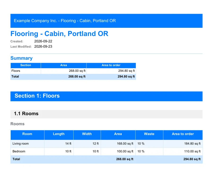Flooring: first page of the PDF report exported from MesuPro