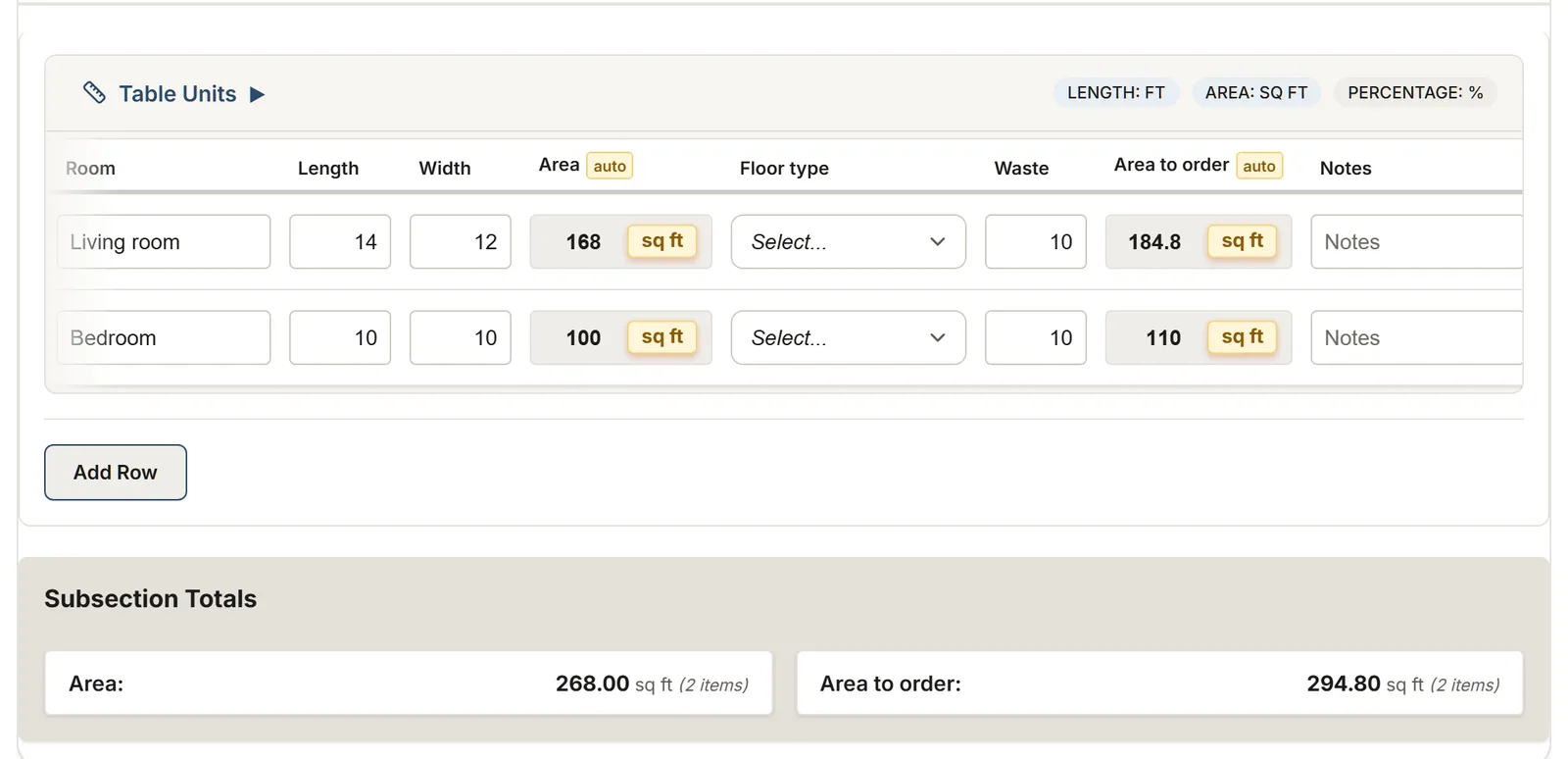 Flooring: a MesuPro sheet with calculated values and totals