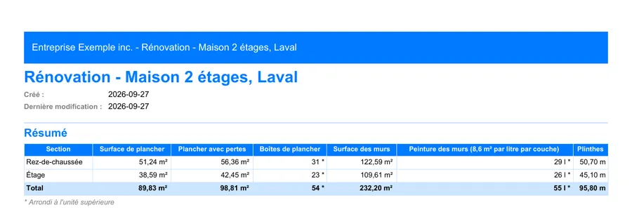 Plancher : première page du rapport PDF exporté depuis MesuPro