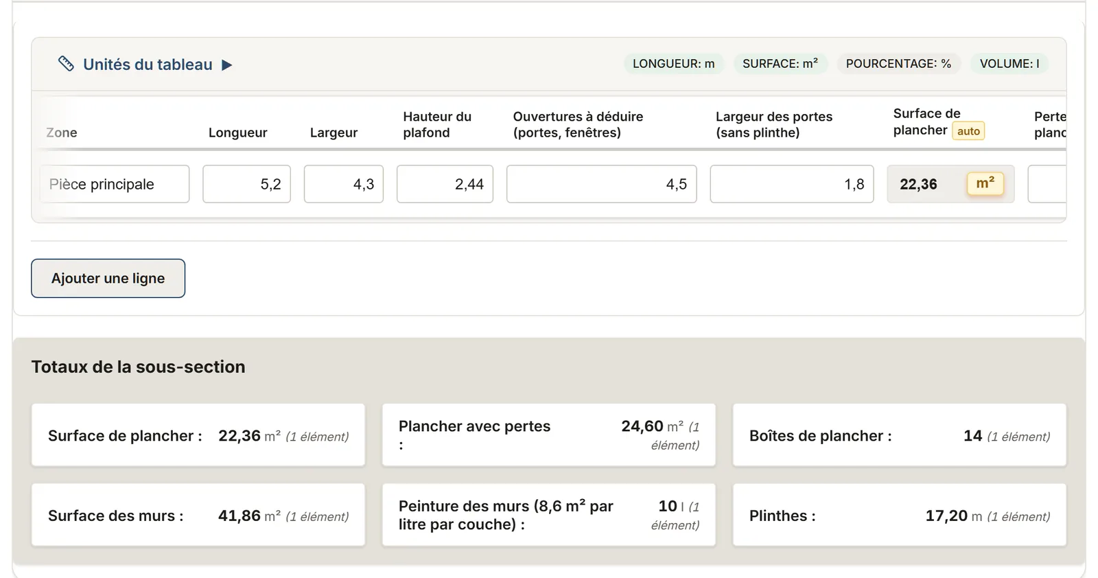 Plancher : tableau de relevé dans MesuPro, avec les valeurs calculées et les totaux