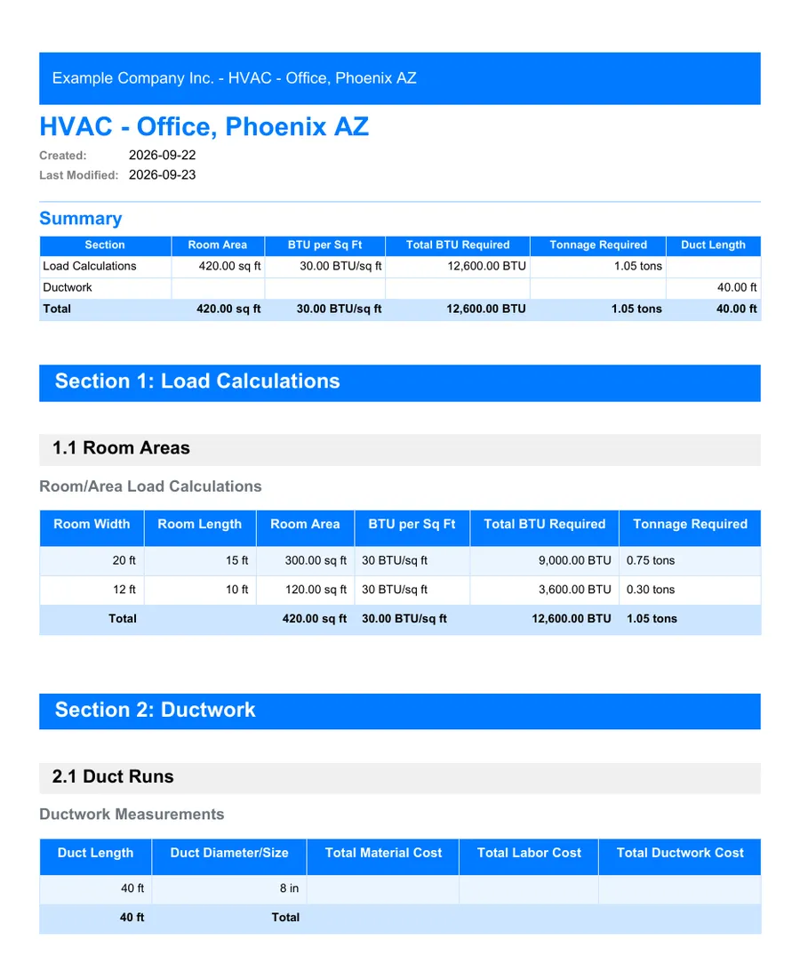 HVAC: first page of the PDF report exported from MesuPro