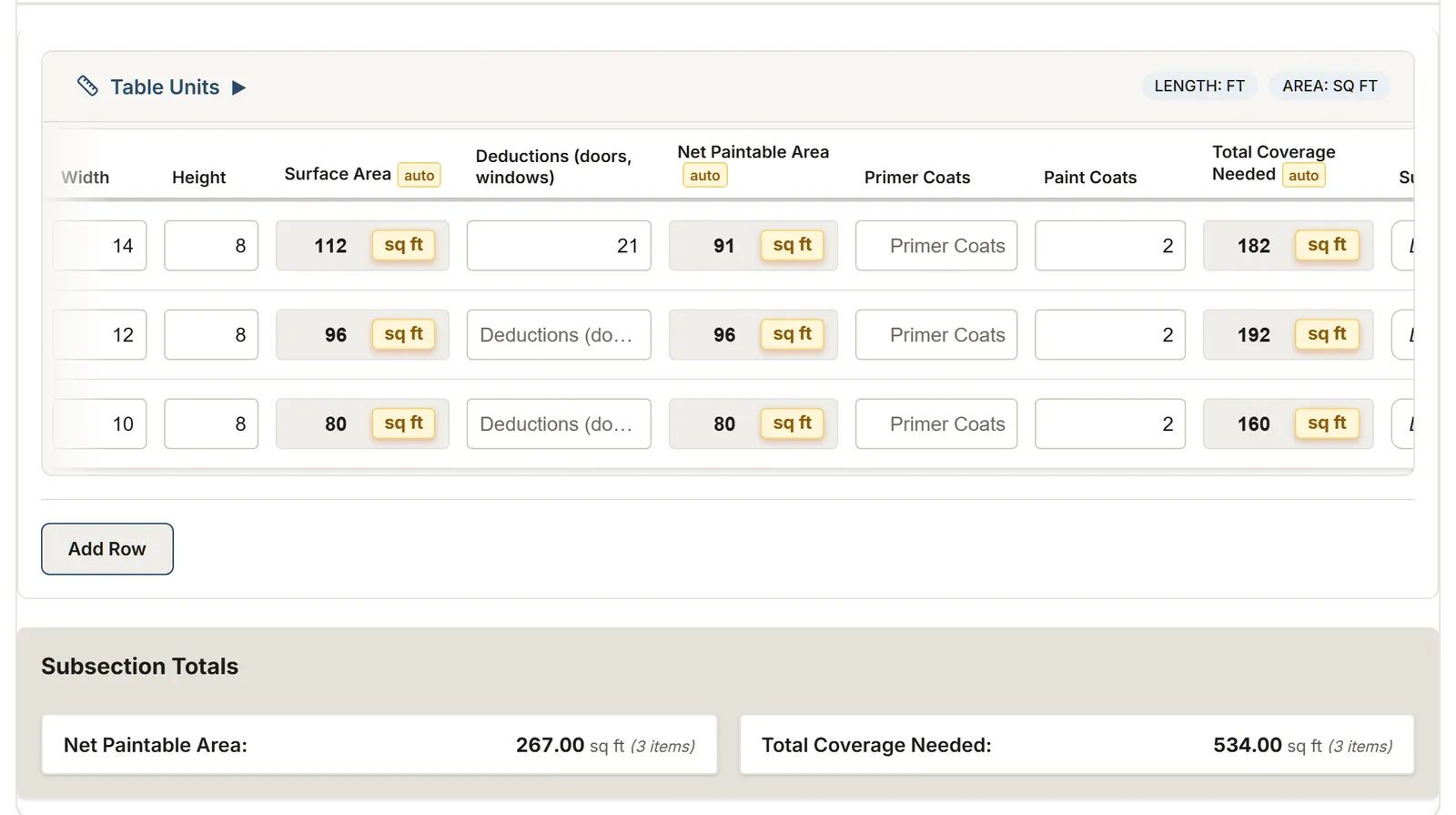 Painting: a MesuPro sheet with calculated values and totals