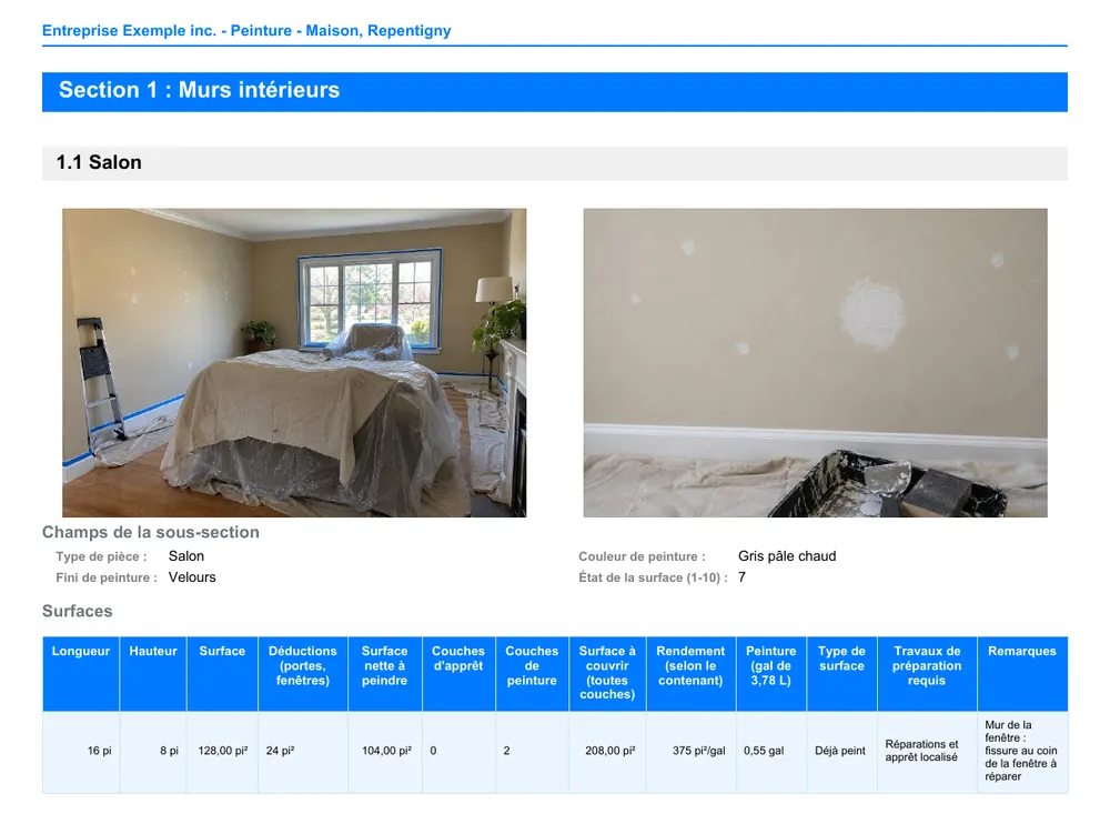 Une page du rapport PDF avec les photos du chantier