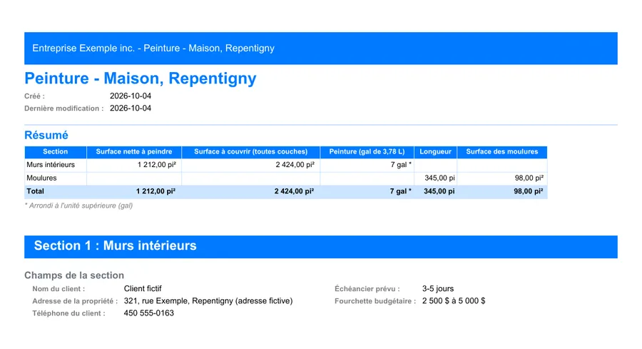 Peinture : première page du rapport PDF exporté depuis MesuPro
