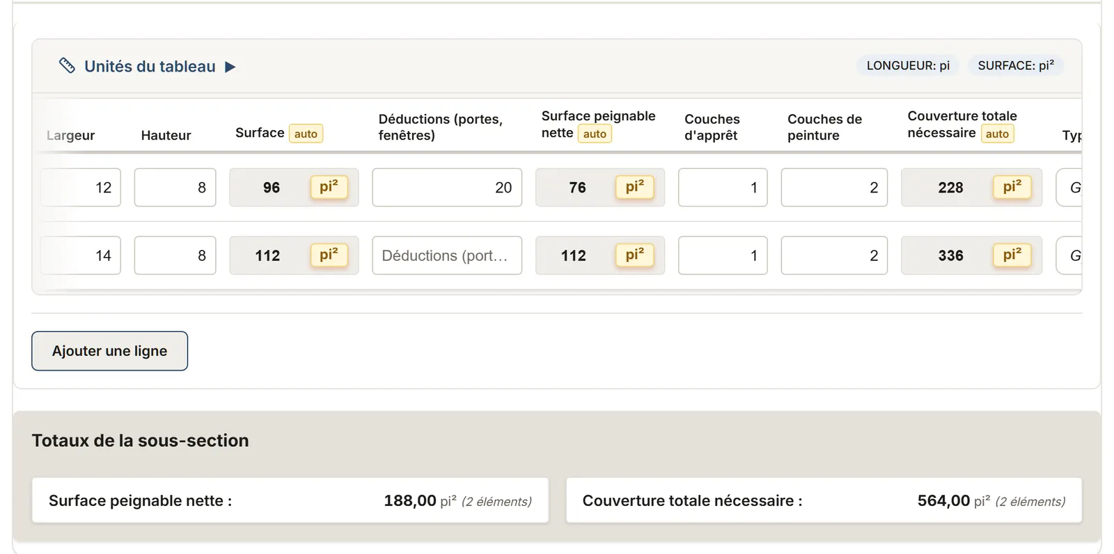 Peinture : tableau de relevé dans MesuPro, avec les valeurs calculées et les totaux