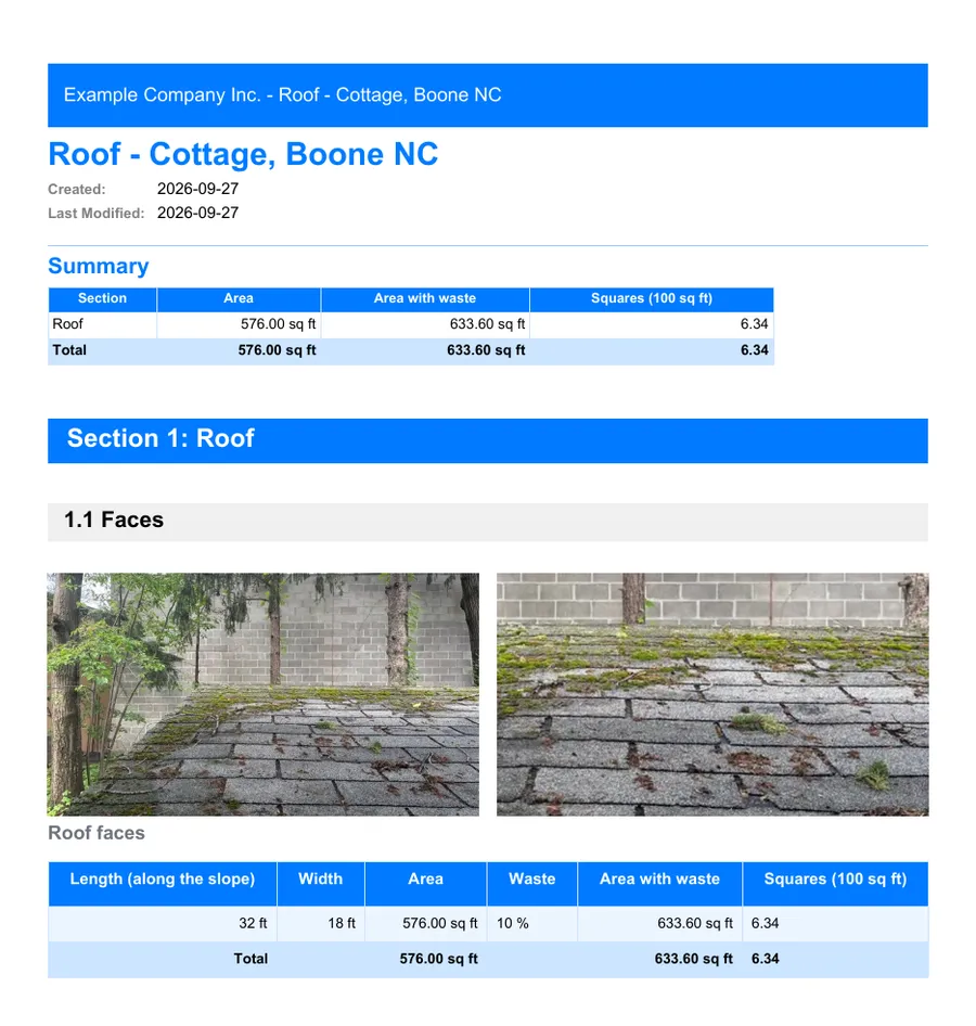 First page of a PDF report exported from MesuPro, with roof photos and the measurement table