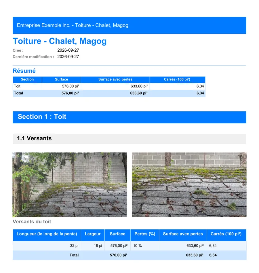 Première page du rapport PDF exporté depuis MesuPro, avec les photos des versants et le tableau de mesures