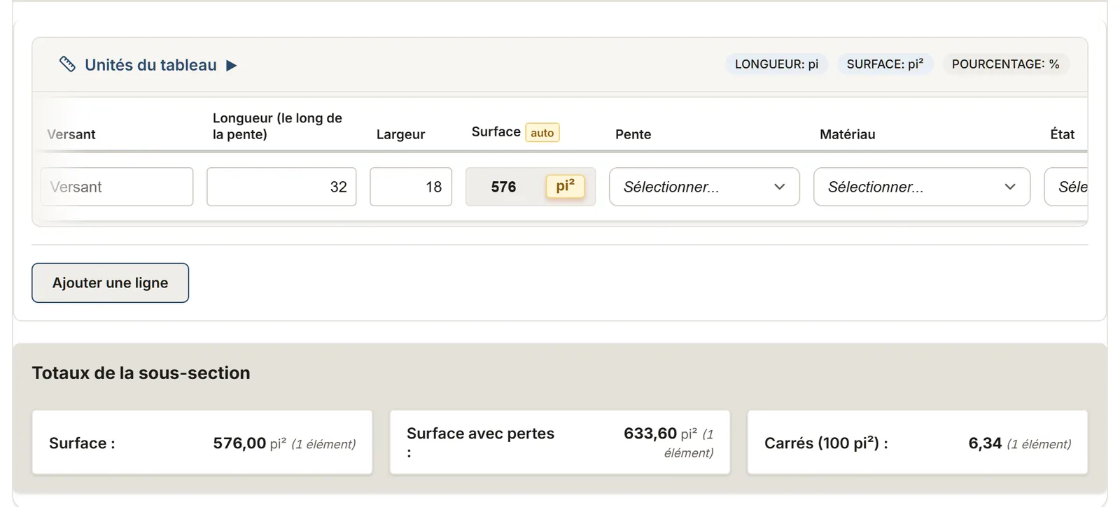 Toiture : tableau de relevé dans MesuPro, avec les valeurs calculées et les totaux