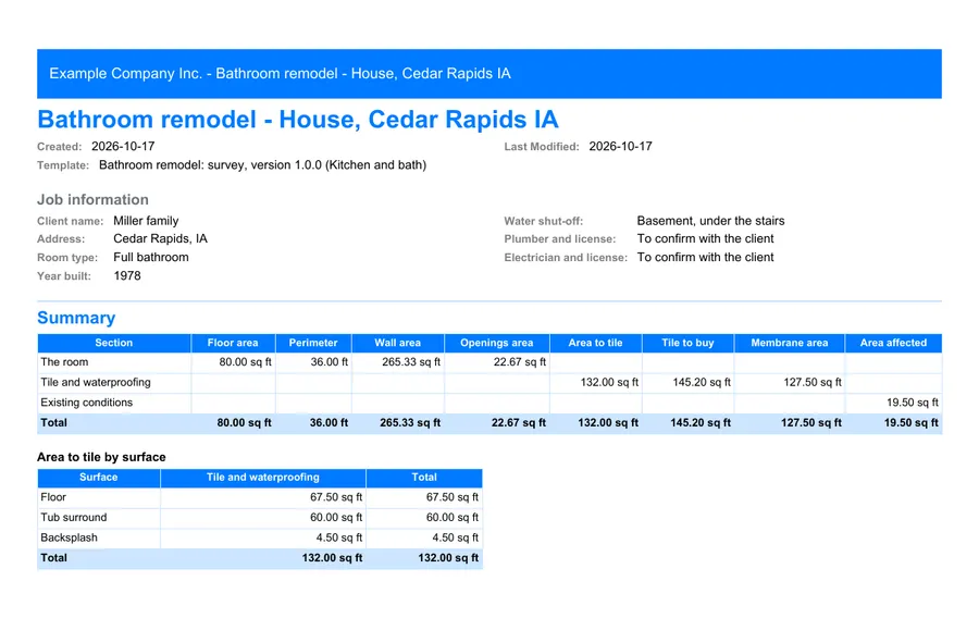 Kitchen and bath: first page of the PDF report exported from MesuPro