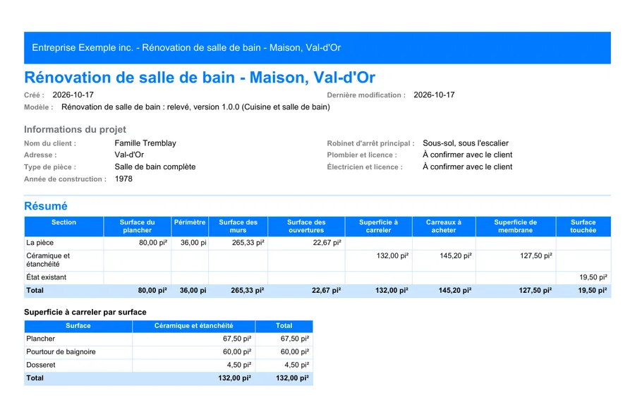 Cuisine et salle de bain : première page du rapport PDF exporté depuis MesuPro
