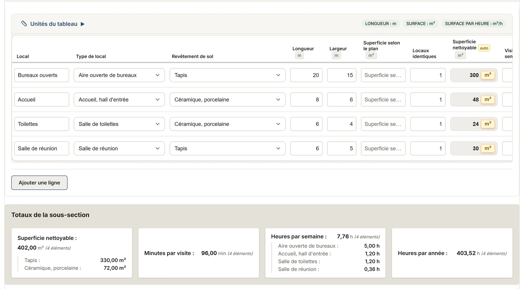 Ménage et entretien : tableau de relevé dans MesuPro, avec les valeurs calculées et les totaux