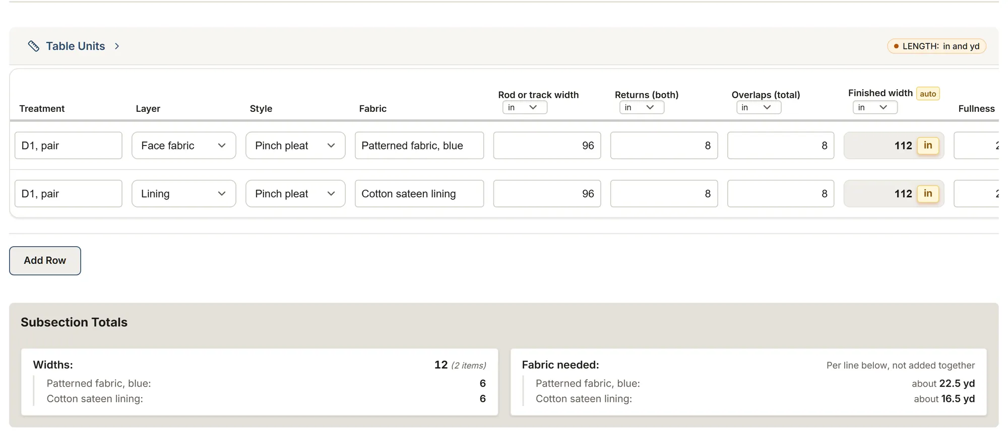 Drapery workroom: fabric calculation: a filled-in survey in MesuPro