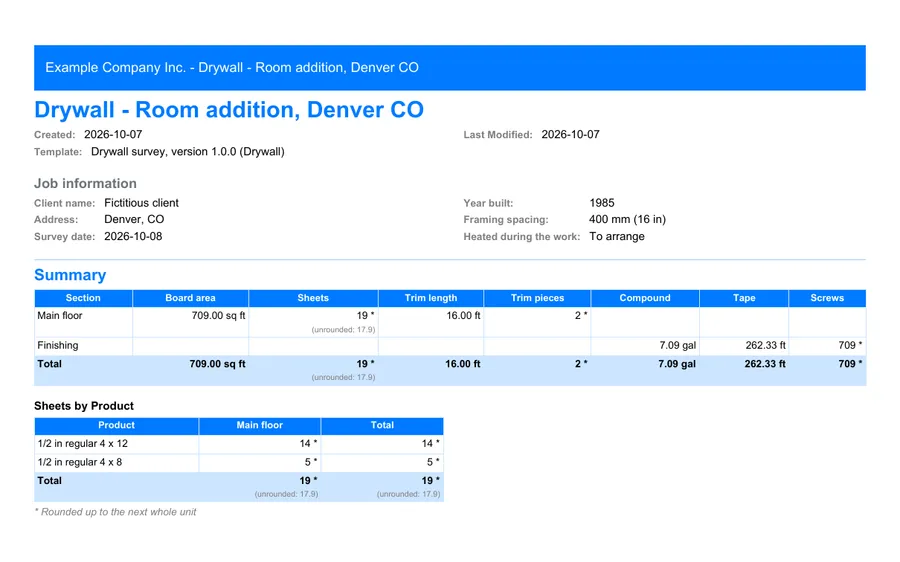 Drywall: first page of the PDF report exported from MesuPro