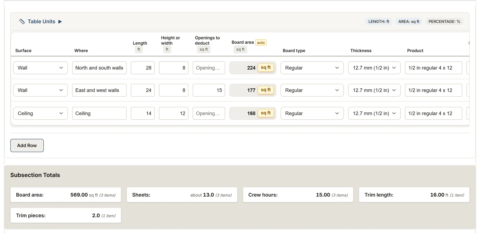 Drywall: a MesuPro sheet with calculated values and totals