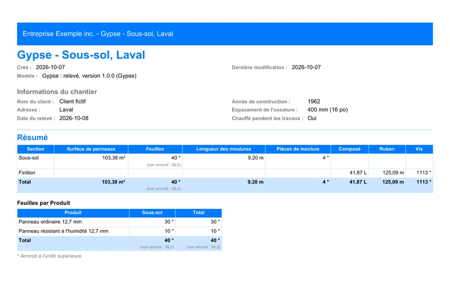 Gypse : première page du rapport PDF exporté depuis MesuPro