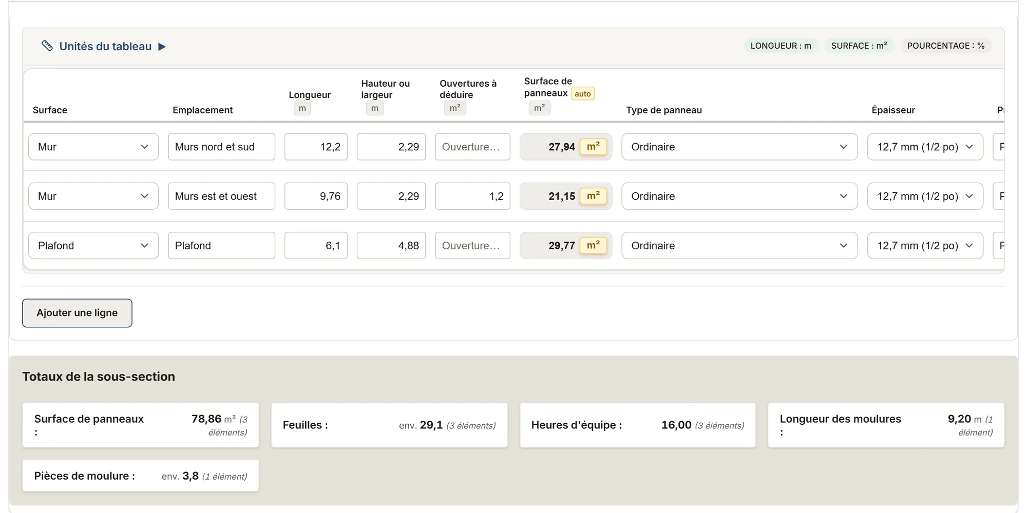Gypse : tableau de relevé dans MesuPro, avec les valeurs calculées et les totaux