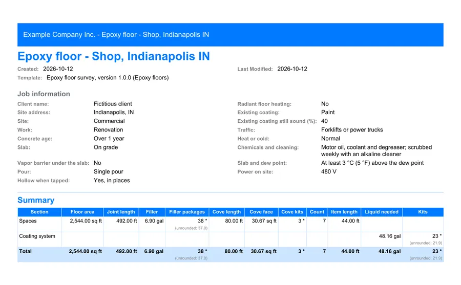 Epoxy floors: first page of the PDF report exported from MesuPro