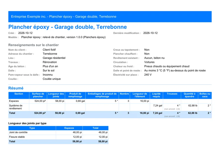 Planchers époxy : première page du rapport PDF exporté depuis MesuPro