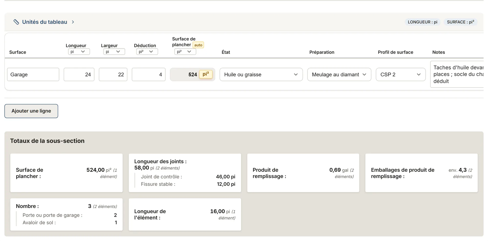 Planchers époxy : tableau de relevé dans MesuPro, avec les valeurs calculées et les totaux