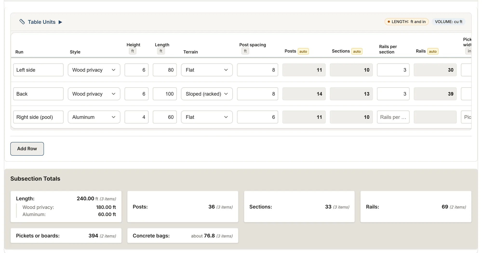 Fencing: a MesuPro sheet with calculated values and totals