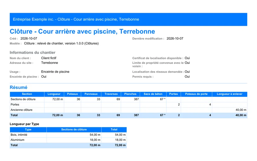 Clôtures : première page du rapport PDF exporté depuis MesuPro