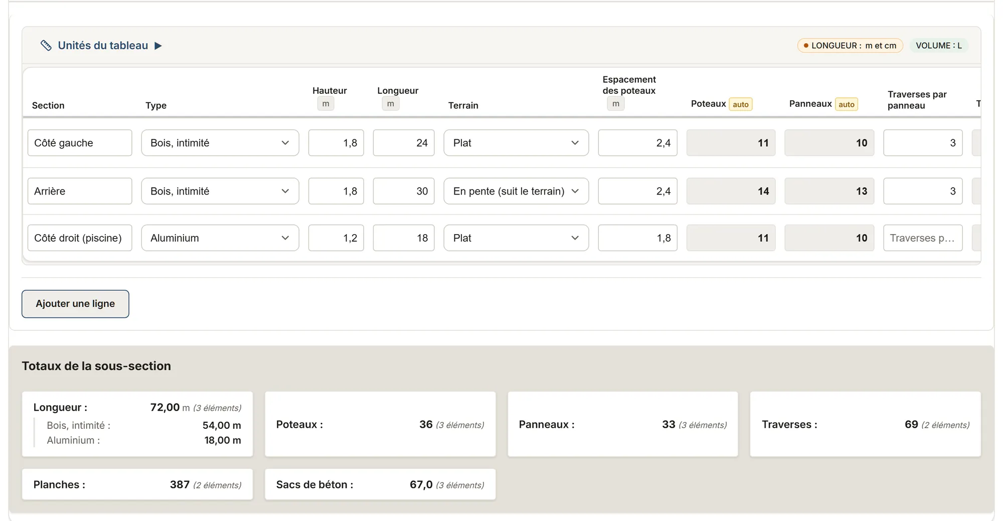 Clôtures : tableau de relevé dans MesuPro, avec les valeurs calculées et les totaux