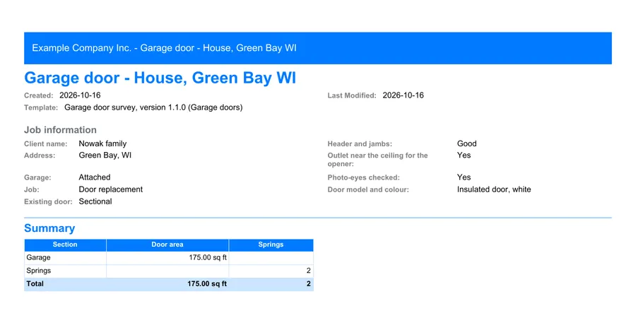Garage doors: first page of the PDF report exported from MesuPro