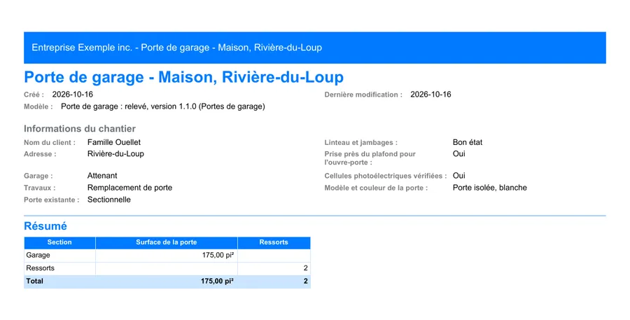 Portes de garage : première page du rapport PDF exporté depuis MesuPro