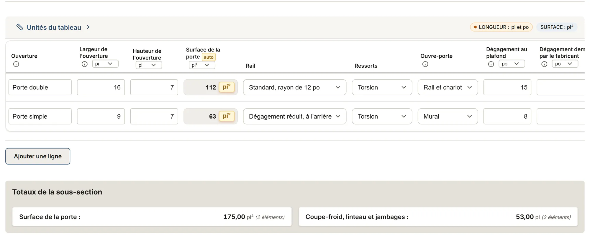 Portes de garage : tableau de relevé dans MesuPro, avec les valeurs calculées et les totaux