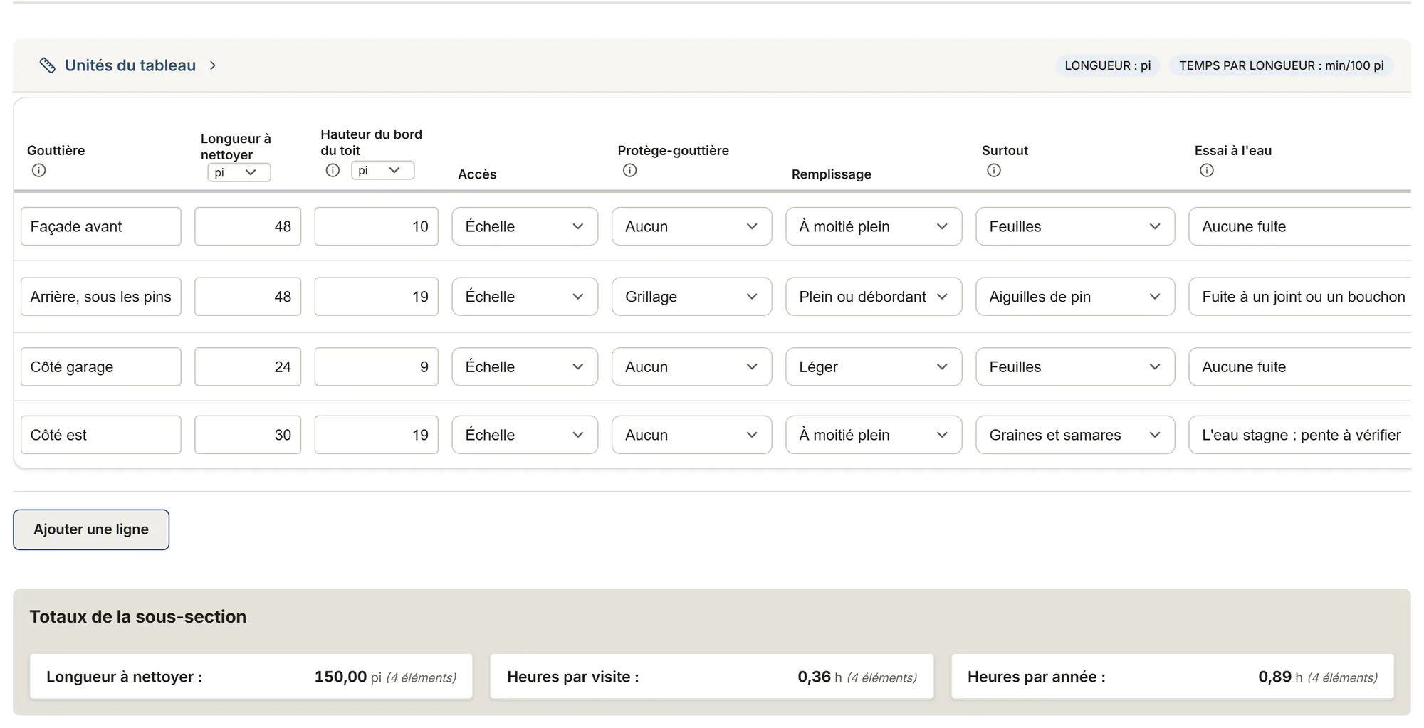 Nettoyage de gouttières : relevé de service : un relevé rempli dans MesuPro